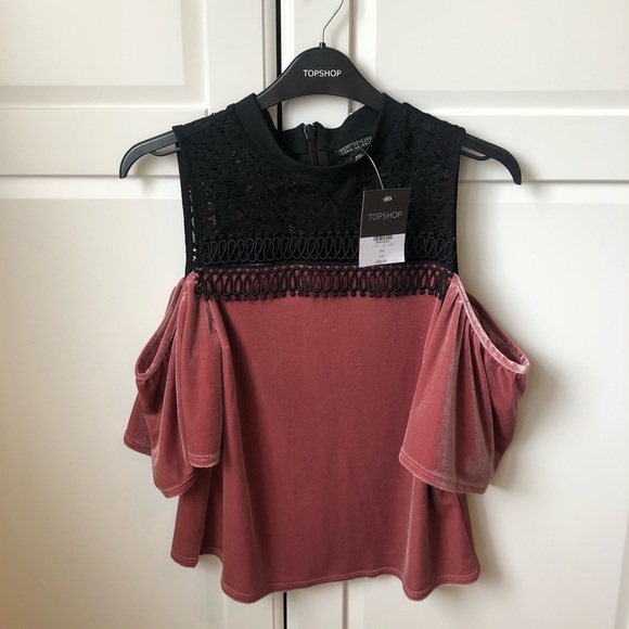 Topshop Lace and Velvet Cold Shoulder Top - Picture 6 of 7